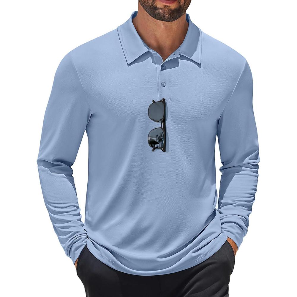 imageCOOFANDY Mens Long Sleeve Polo Shirts Quick Dry Moisture Wicking Lightweight Golf Shirts Casual Collared ShirtBlue