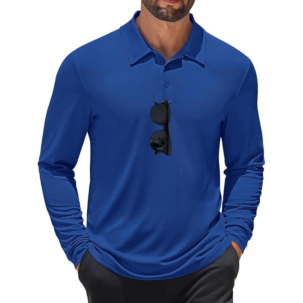 imageCOOFANDY Mens Long Sleeve Polo Shirts Quick Dry Moisture Wicking Lightweight Golf Shirts Casual Collared ShirtDark Blue