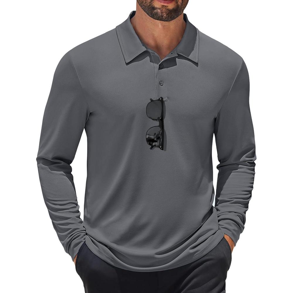 imageCOOFANDY Mens Long Sleeve Polo Shirts Quick Dry Moisture Wicking Lightweight Golf Shirts Casual Collared ShirtDark Grey