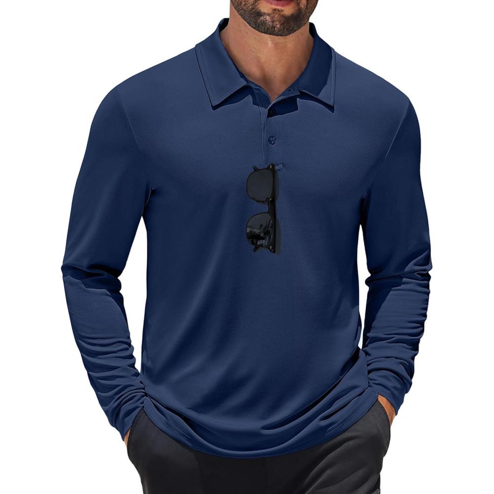 imageCOOFANDY Mens Long Sleeve Polo Shirts Quick Dry Moisture Wicking Lightweight Golf Shirts Casual Collared ShirtNavy Blue