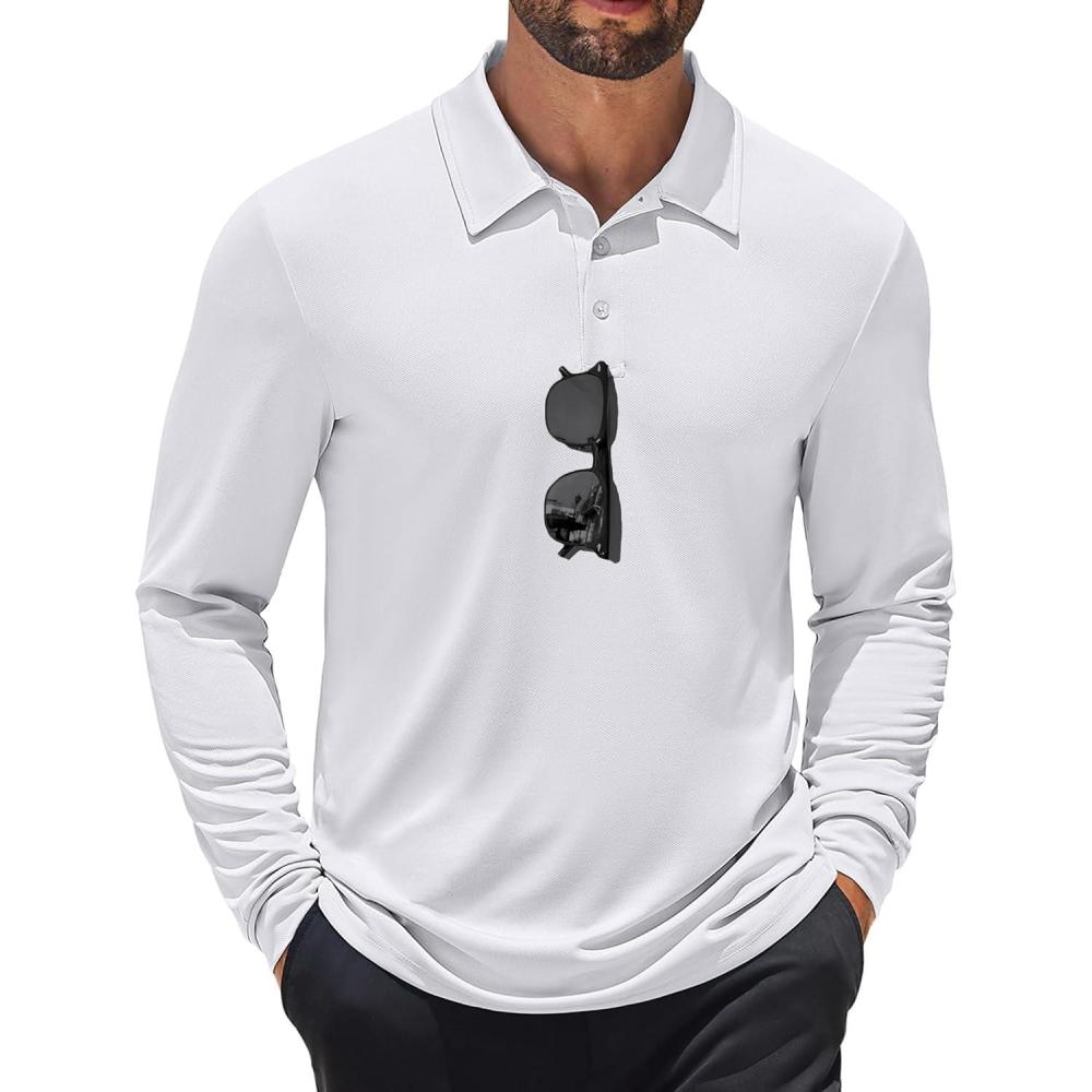 imageCOOFANDY Mens Long Sleeve Polo Shirts Quick Dry Moisture Wicking Lightweight Golf Shirts Casual Collared ShirtWhite