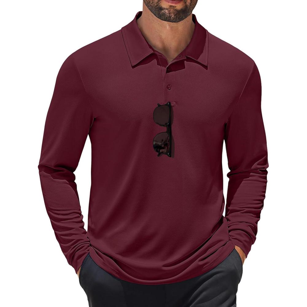 imageCOOFANDY Mens Long Sleeve Polo Shirts Quick Dry Moisture Wicking Lightweight Golf Shirts Casual Collared ShirtWine Red