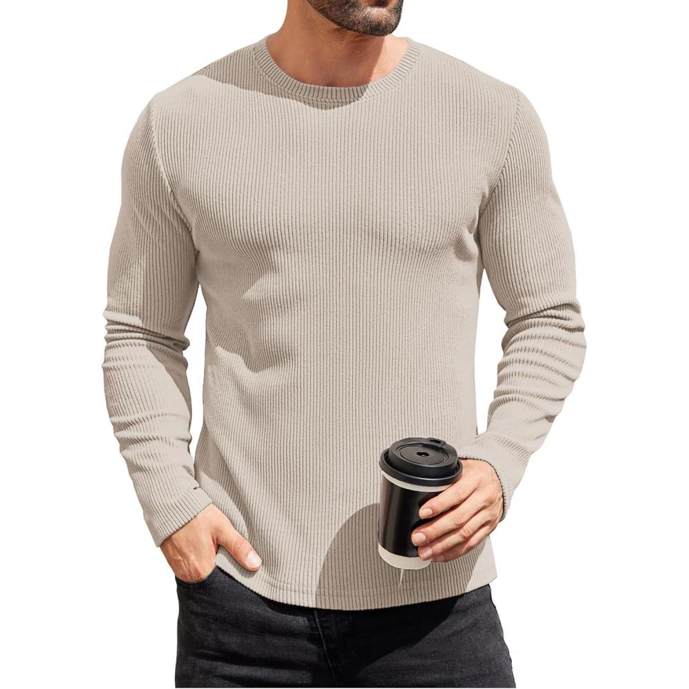 imageCOOFANDY Mens Long Sleeve Shirts Thermal TShirt Slim Fit Crewneck Sweater Knitted Pullover ShirtBeige