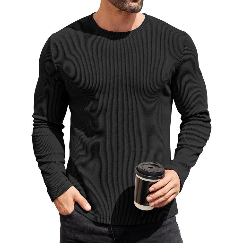 imageCOOFANDY Mens Long Sleeve Shirts Thermal TShirt Slim Fit Crewneck Sweater Knitted Pullover ShirtBlack