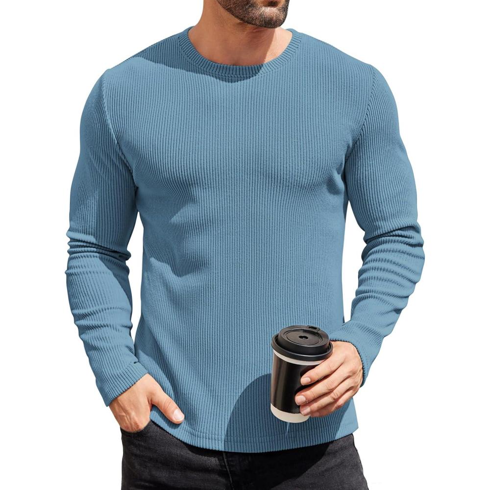 imageCOOFANDY Mens Long Sleeve Shirts Thermal TShirt Slim Fit Crewneck Sweater Knitted Pullover ShirtDark Blue