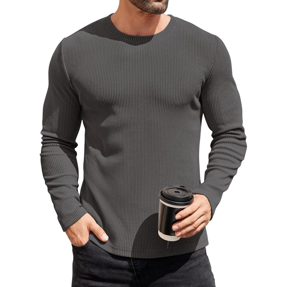 imageCOOFANDY Mens Long Sleeve Shirts Thermal TShirt Slim Fit Crewneck Sweater Knitted Pullover ShirtDark Grey