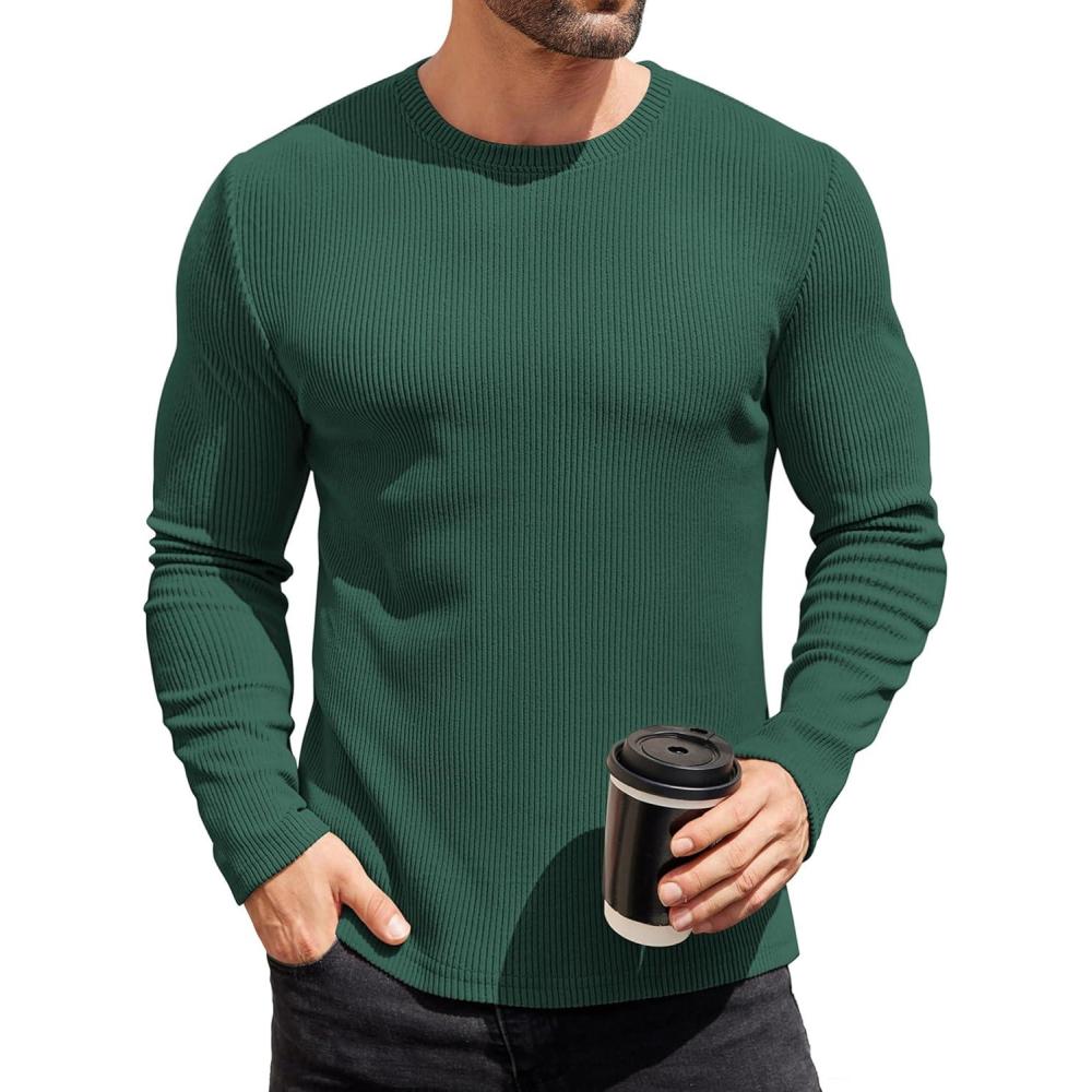 imageCOOFANDY Mens Long Sleeve Shirts Thermal TShirt Slim Fit Crewneck Sweater Knitted Pullover ShirtGreen