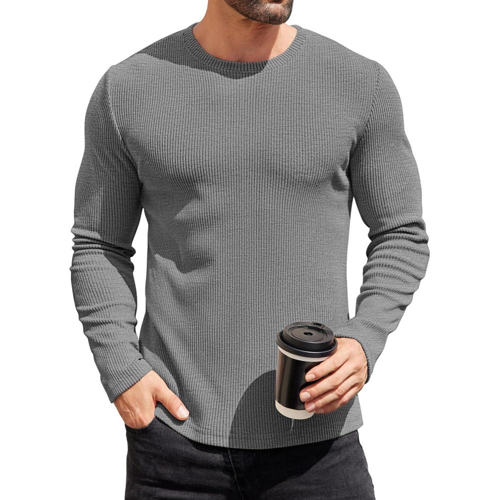imageCOOFANDY Mens Long Sleeve Shirts Thermal TShirt Slim Fit Crewneck Sweater Knitted Pullover ShirtGrey