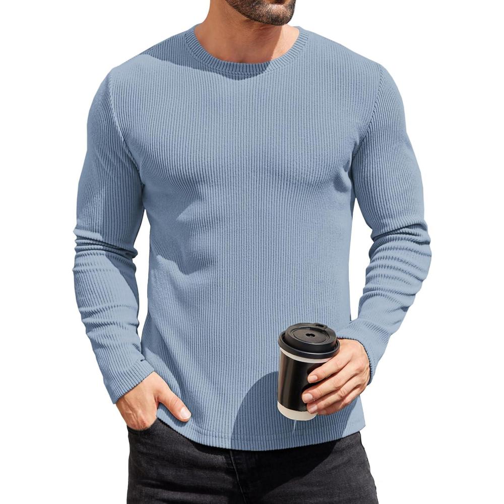 imageCOOFANDY Mens Long Sleeve Shirts Thermal TShirt Slim Fit Crewneck Sweater Knitted Pullover ShirtLight Blue