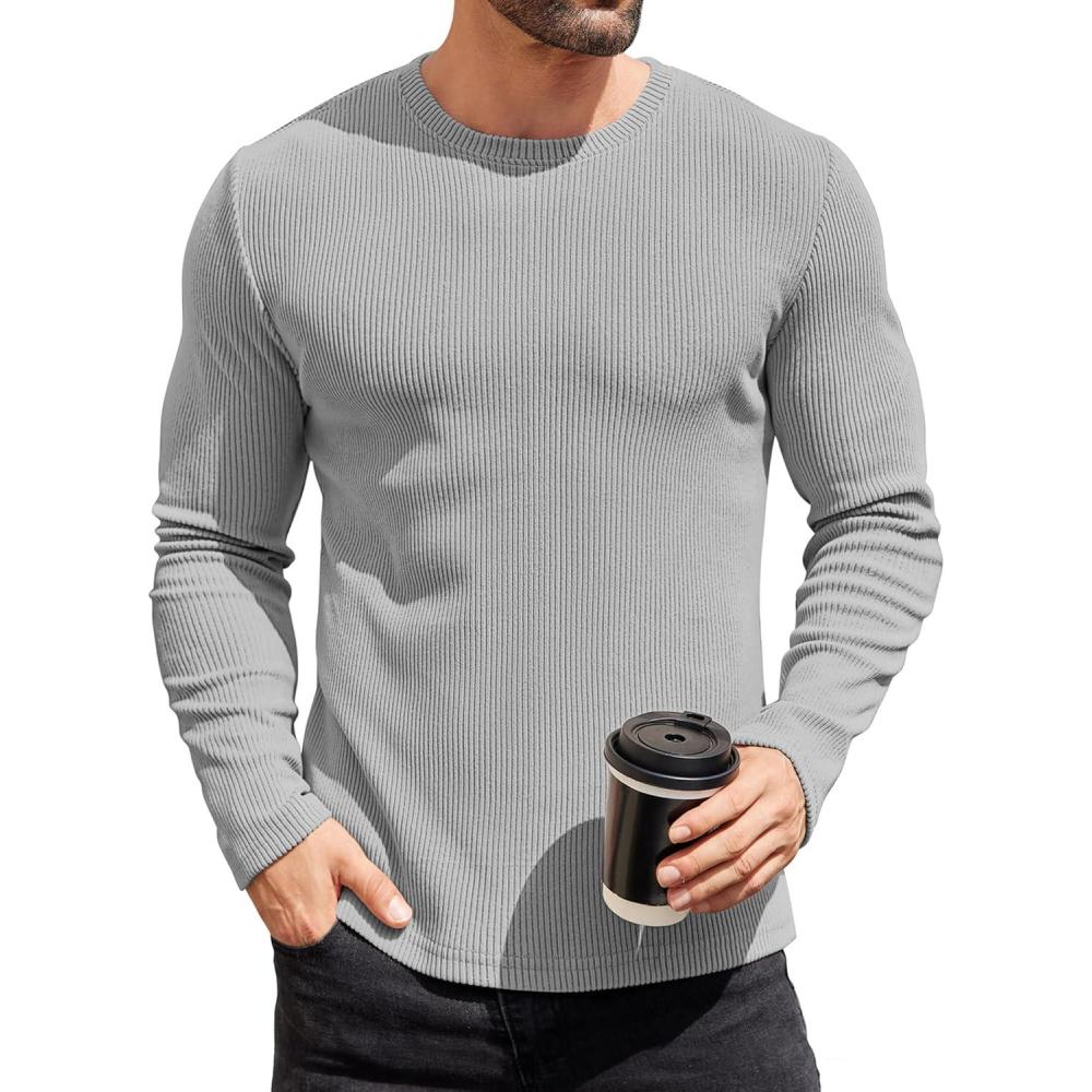 imageCOOFANDY Mens Long Sleeve Shirts Thermal TShirt Slim Fit Crewneck Sweater Knitted Pullover ShirtLight Grey