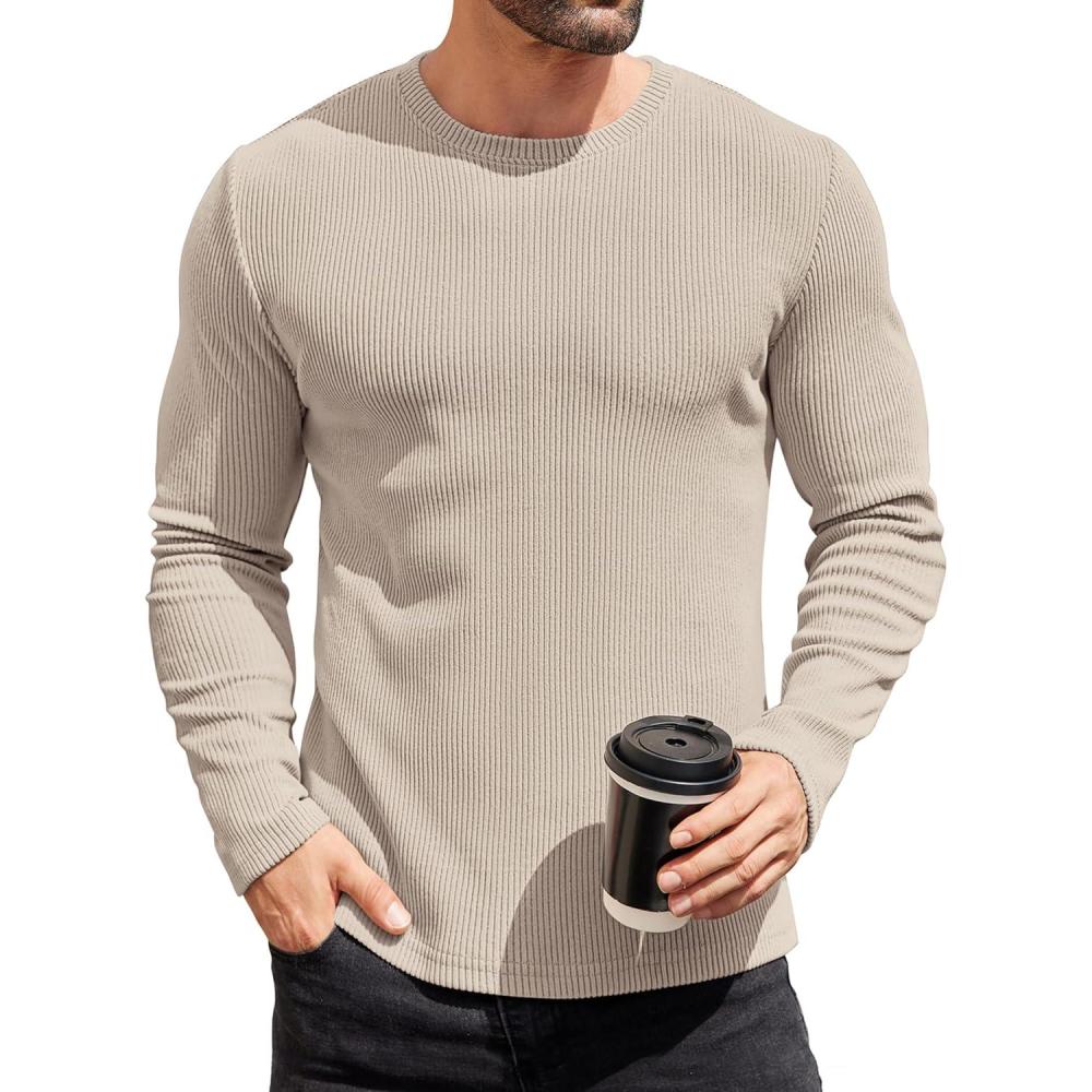 imageCOOFANDY Mens Long Sleeve Shirts Thermal TShirt Slim Fit Crewneck Sweater Knitted Pullover ShirtLight Khaki