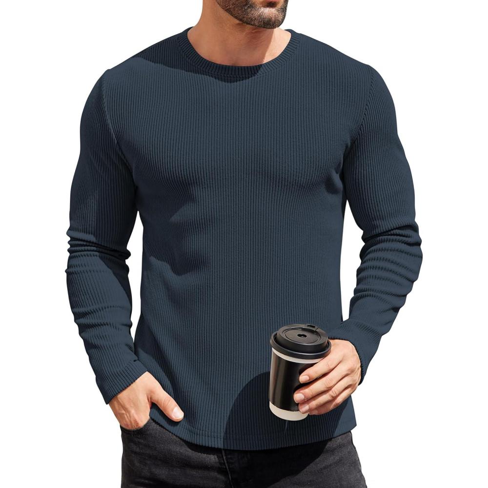 imageCOOFANDY Mens Long Sleeve Shirts Thermal TShirt Slim Fit Crewneck Sweater Knitted Pullover ShirtNavy