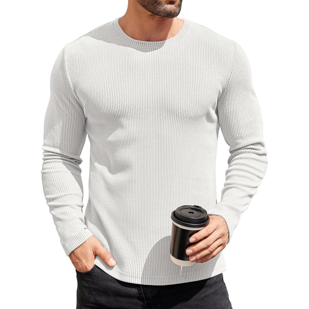 imageCOOFANDY Mens Long Sleeve Shirts Thermal TShirt Slim Fit Crewneck Sweater Knitted Pullover ShirtWhite