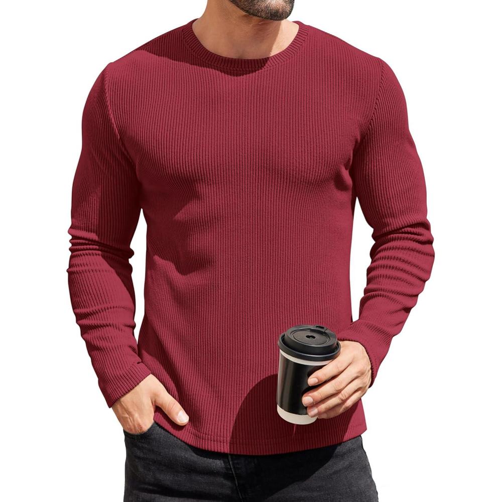 imageCOOFANDY Mens Long Sleeve Shirts Thermal TShirt Slim Fit Crewneck Sweater Knitted Pullover ShirtWine Red