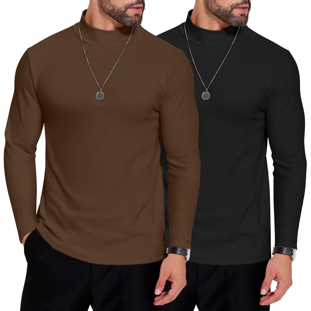 imageCOOFANDY Mens Mock Neck Shirts Fleece Long Sleeve Tops Basic Pullover TShirts2 PcsblackBrown