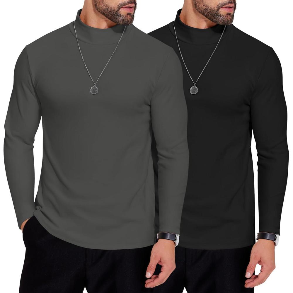 imageCOOFANDY Mens Mock Neck Shirts Fleece Long Sleeve Tops Basic Pullover TShirts2 PcsblackGrey