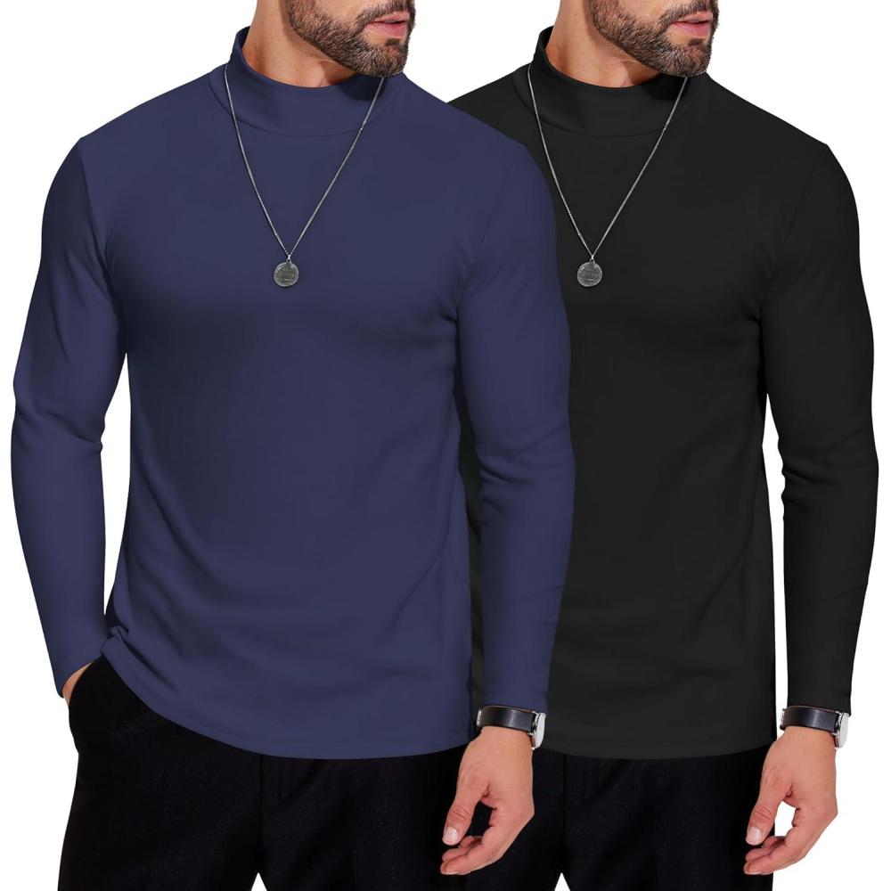 imageCOOFANDY Mens Mock Neck Shirts Fleece Long Sleeve Tops Basic Pullover TShirts2 PcsblackNavy Blue