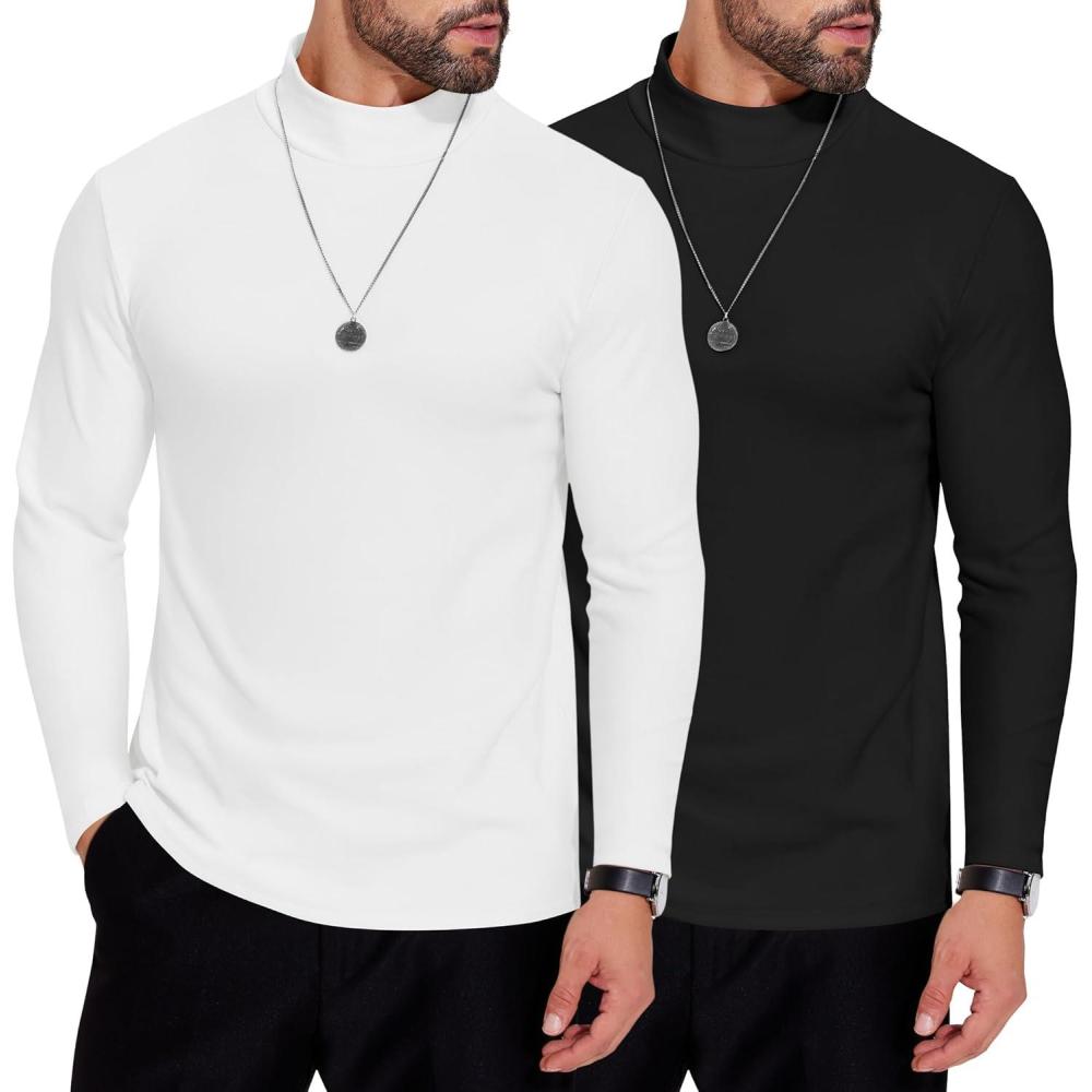 imageCOOFANDY Mens Mock Neck Shirts Fleece Long Sleeve Tops Basic Pullover TShirts2 PcsblackWhite