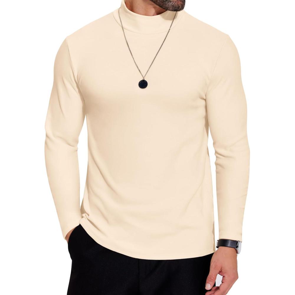imageCOOFANDY Mens Mock Neck Shirts Fleece Long Sleeve Tops Basic Pullover TShirtsApricot
