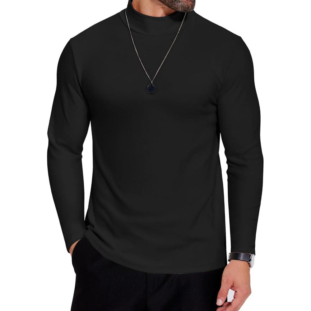 imageCOOFANDY Mens Mock Neck Shirts Fleece Long Sleeve Tops Basic Pullover TShirtsBlack