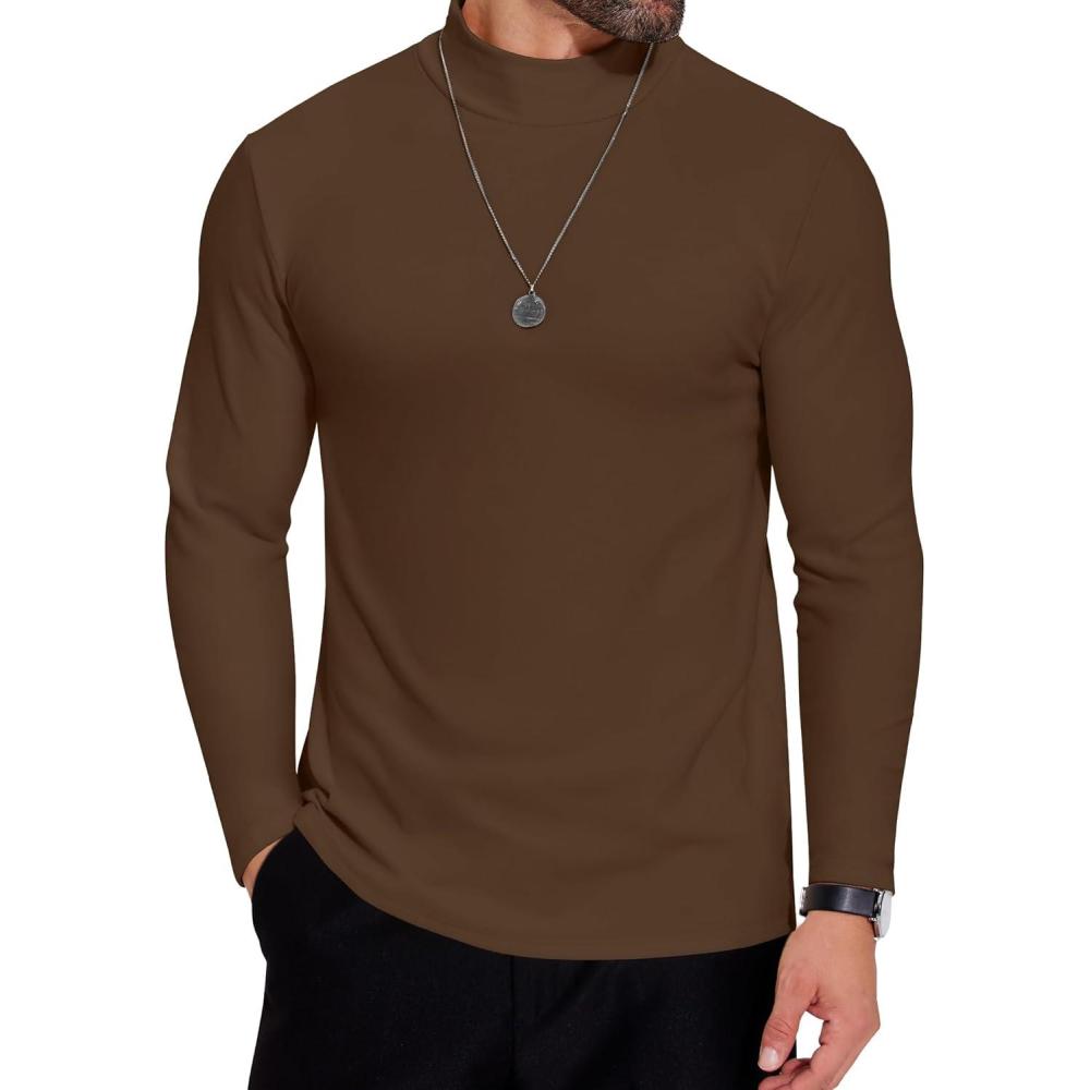 imageCOOFANDY Mens Mock Neck Shirts Fleece Long Sleeve Tops Basic Pullover TShirtsBrown