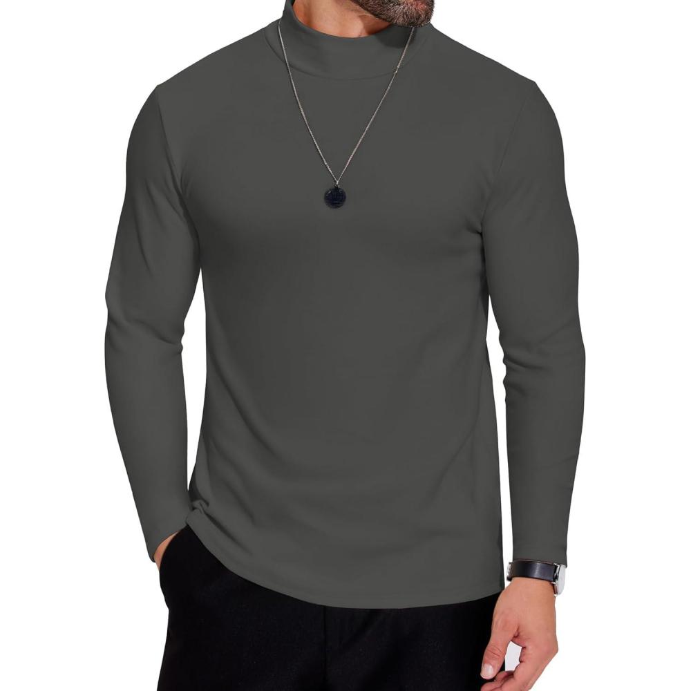 imageCOOFANDY Mens Mock Neck Shirts Fleece Long Sleeve Tops Basic Pullover TShirtsDark Grey