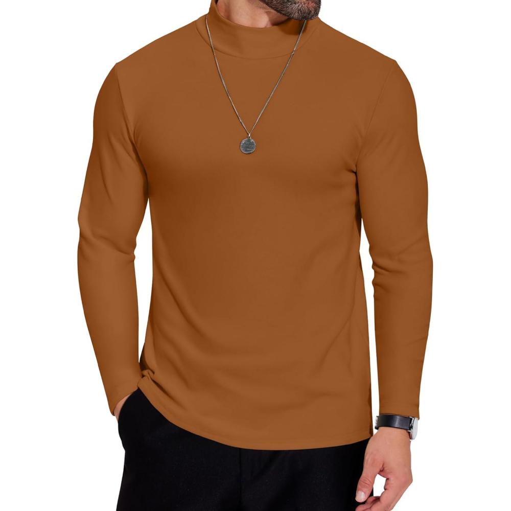 imageCOOFANDY Mens Mock Neck Shirts Fleece Long Sleeve Tops Basic Pullover TShirtsLight Brown