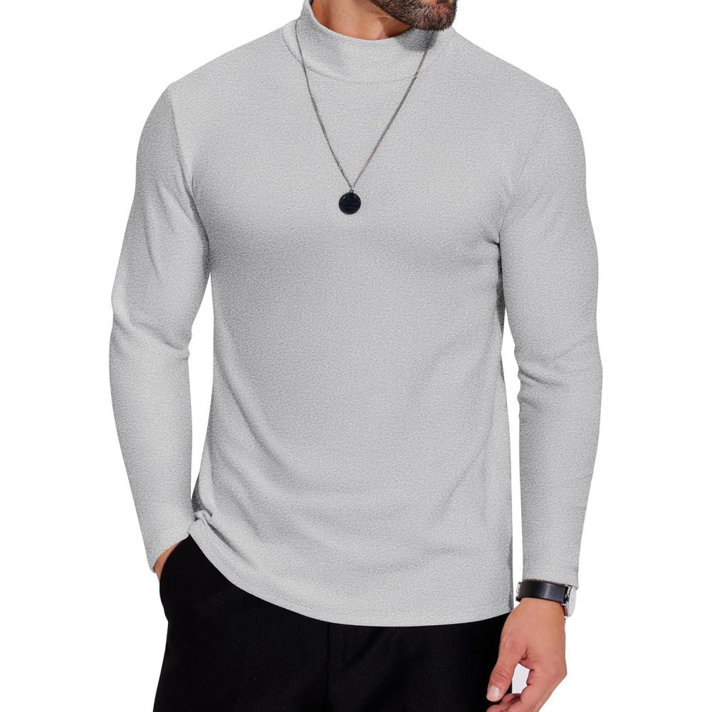 imageCOOFANDY Mens Mock Neck Shirts Fleece Long Sleeve Tops Basic Pullover TShirtsLight Grey
