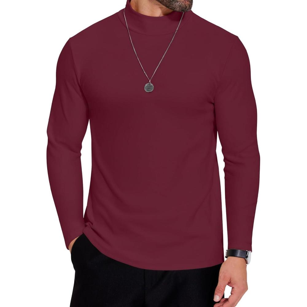 imageCOOFANDY Mens Mock Neck Shirts Fleece Long Sleeve Tops Basic Pullover TShirtsPurple Red