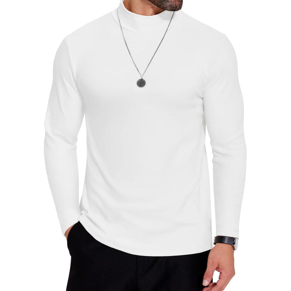 imageCOOFANDY Mens Mock Neck Shirts Fleece Long Sleeve Tops Basic Pullover TShirtsWhite