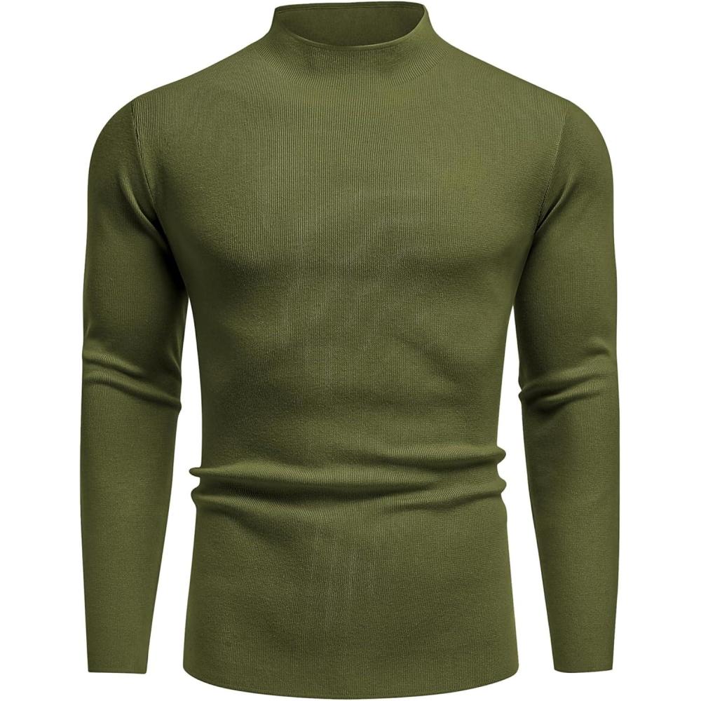 imageCOOFANDY Mens Mock Turtleneck Sweater Long Sleeve Basic Thermal Undershirt Slim Fit Lightweight Pullover SweatersArmy Green