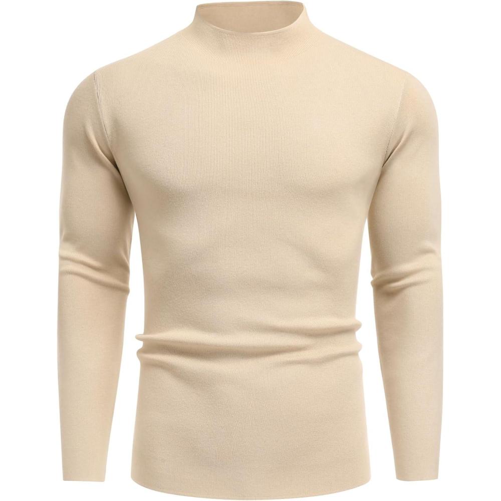 imageCOOFANDY Mens Mock Turtleneck Sweater Long Sleeve Basic Thermal Undershirt Slim Fit Lightweight Pullover SweatersKhaki