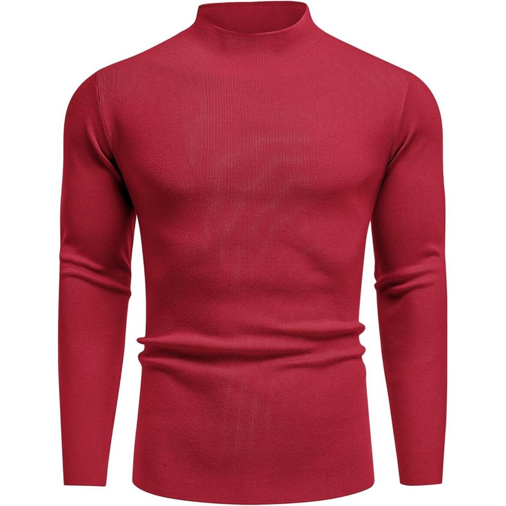 imageCOOFANDY Mens Mock Turtleneck Sweater Long Sleeve Basic Thermal Undershirt Slim Fit Lightweight Pullover SweatersWine Red