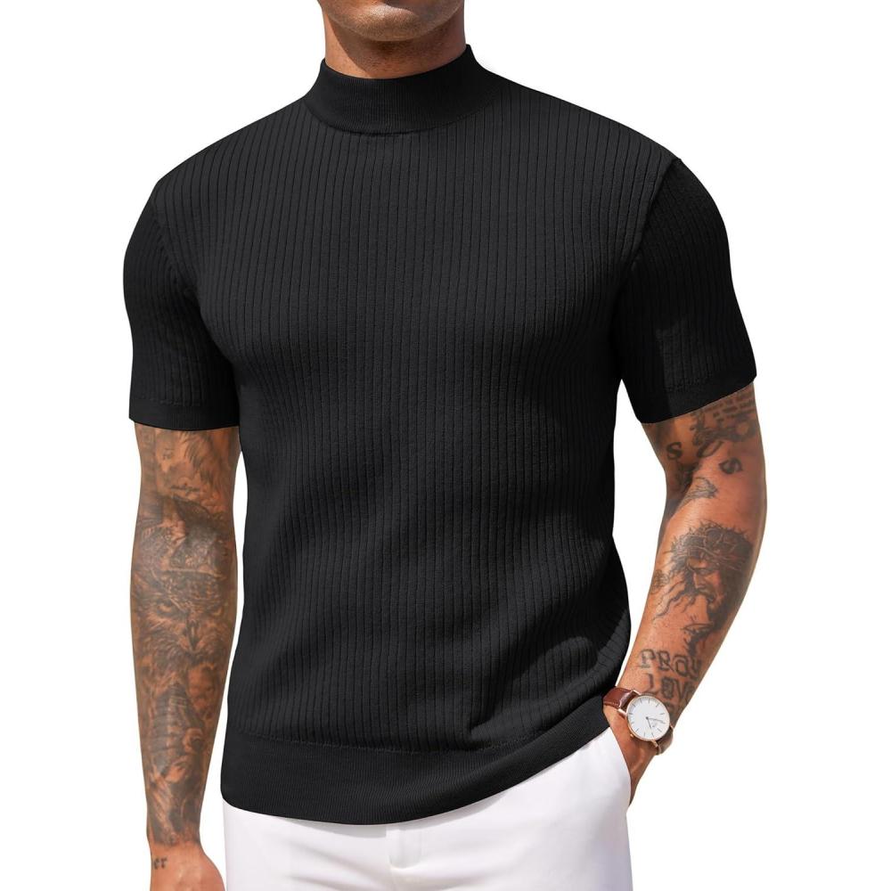 imageCOOFANDY Mens Mock Turtleneck Sweater Short Sleeve Casual Basic Tops Ribbed Knit Pullover Solid TeeAll Black