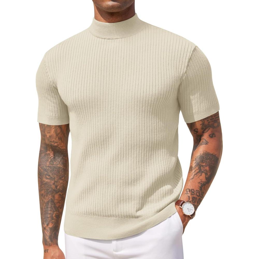 imageCOOFANDY Mens Mock Turtleneck Sweater Short Sleeve Casual Basic Tops Ribbed Knit Pullover Solid TeeApricot