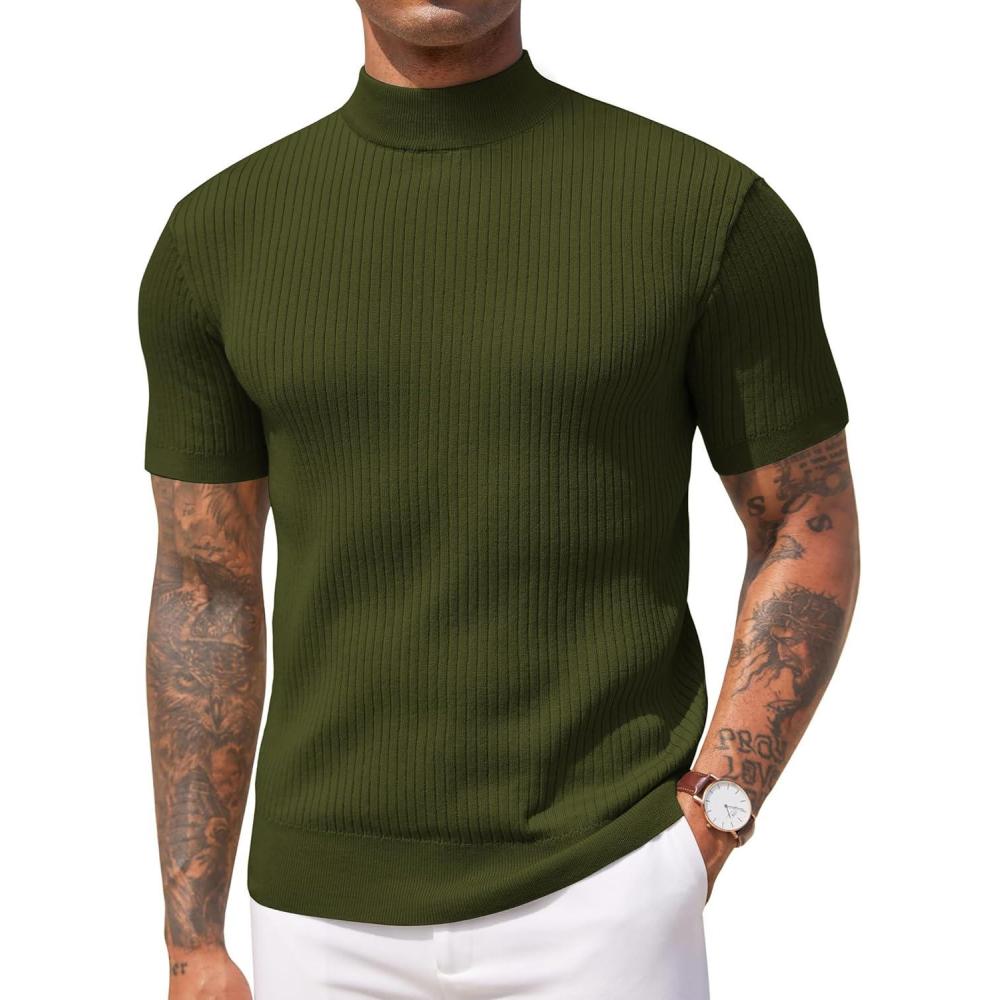 imageCOOFANDY Mens Mock Turtleneck Sweater Short Sleeve Casual Basic Tops Ribbed Knit Pullover Solid TeeArmy Green