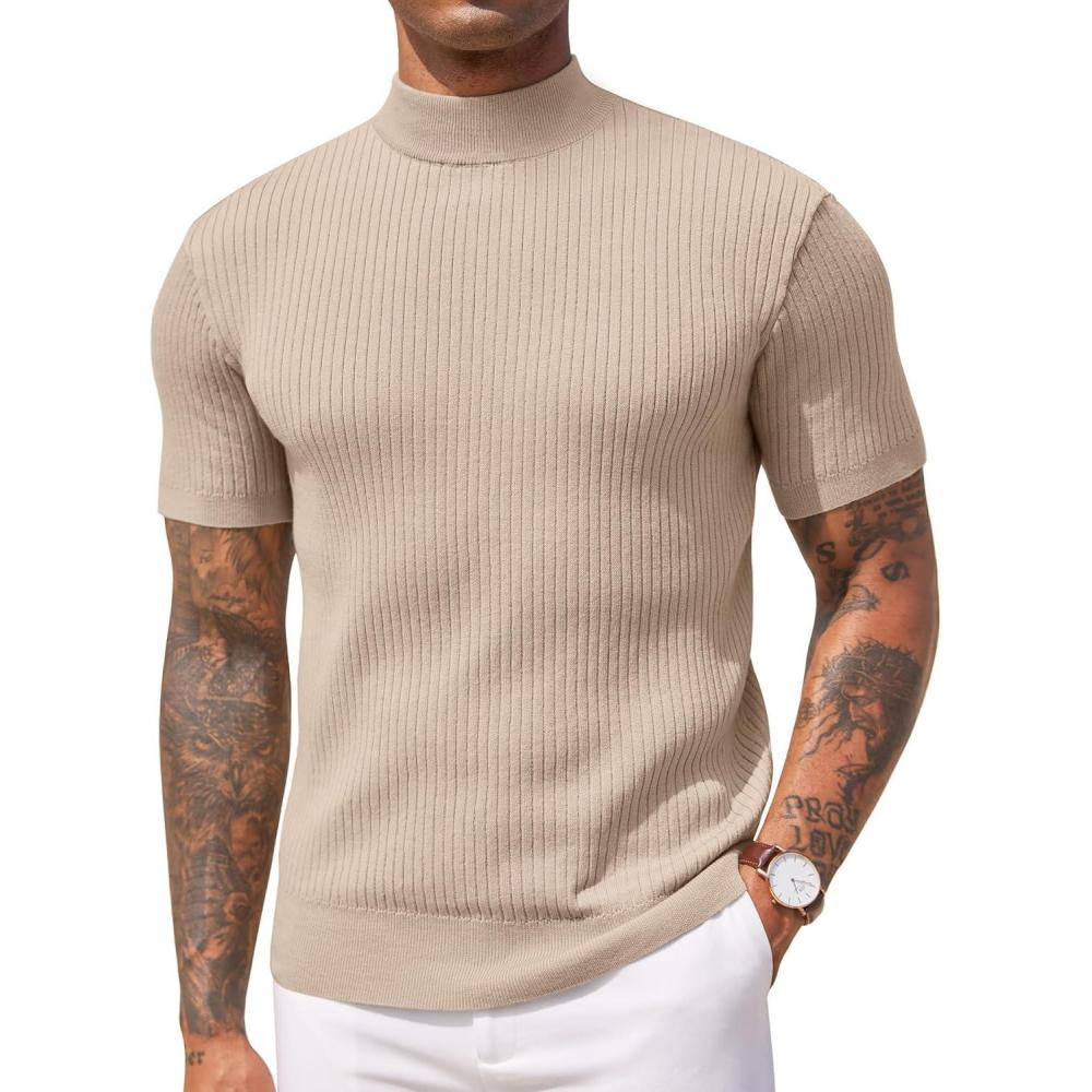 imageCOOFANDY Mens Mock Turtleneck Sweater Short Sleeve Casual Basic Tops Ribbed Knit Pullover Solid TeeBeige