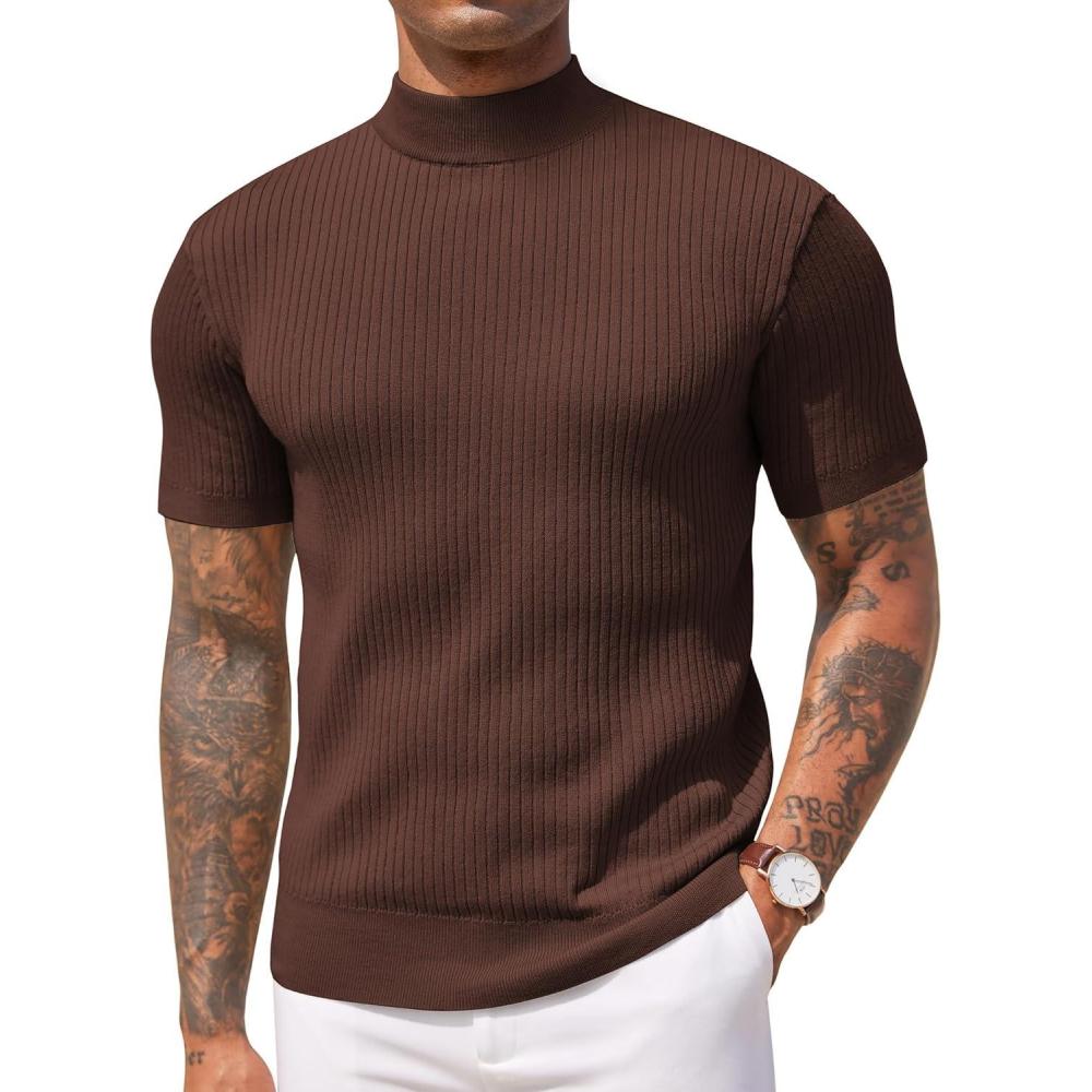 imageCOOFANDY Mens Mock Turtleneck Sweater Short Sleeve Casual Basic Tops Ribbed Knit Pullover Solid TeeBrown