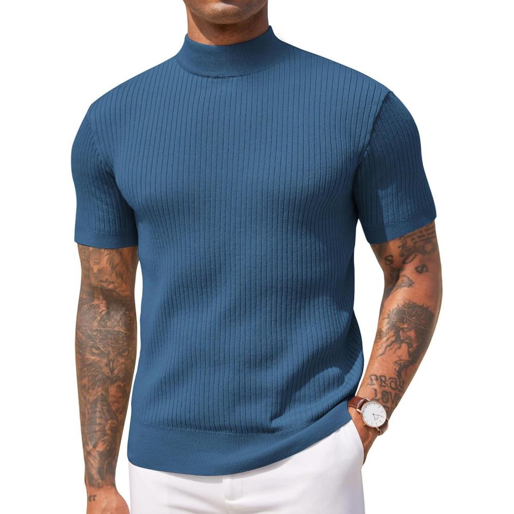imageCOOFANDY Mens Mock Turtleneck Sweater Short Sleeve Casual Basic Tops Ribbed Knit Pullover Solid TeeDark Blue