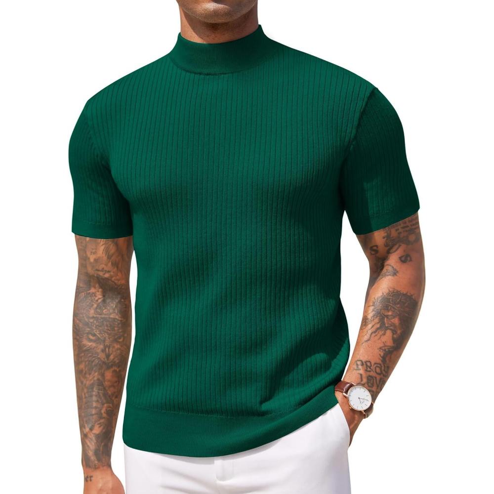 imageCOOFANDY Mens Mock Turtleneck Sweater Short Sleeve Casual Basic Tops Ribbed Knit Pullover Solid TeeDark Green