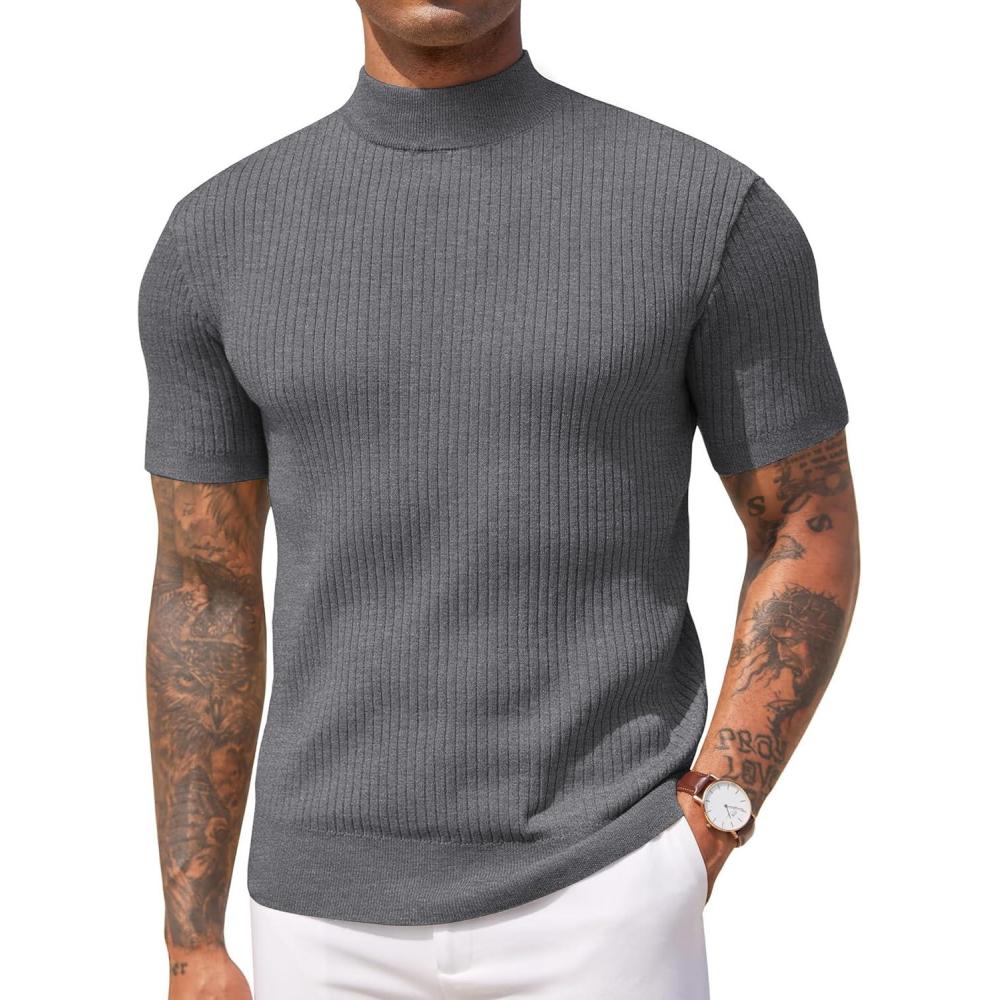 imageCOOFANDY Mens Mock Turtleneck Sweater Short Sleeve Casual Basic Tops Ribbed Knit Pullover Solid TeeDark Grey