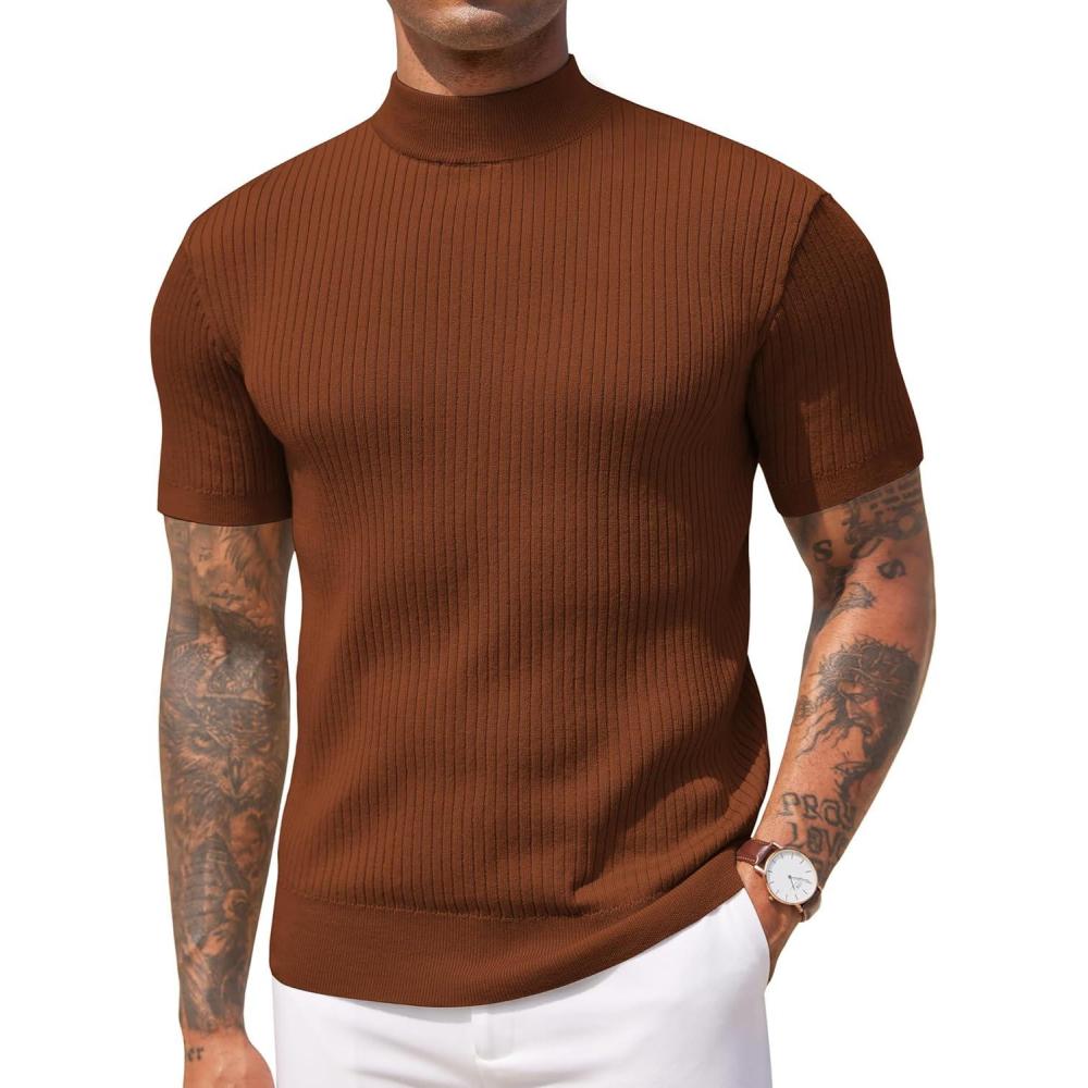 imageCOOFANDY Mens Mock Turtleneck Sweater Short Sleeve Casual Basic Tops Ribbed Knit Pullover Solid TeeLight Brown
