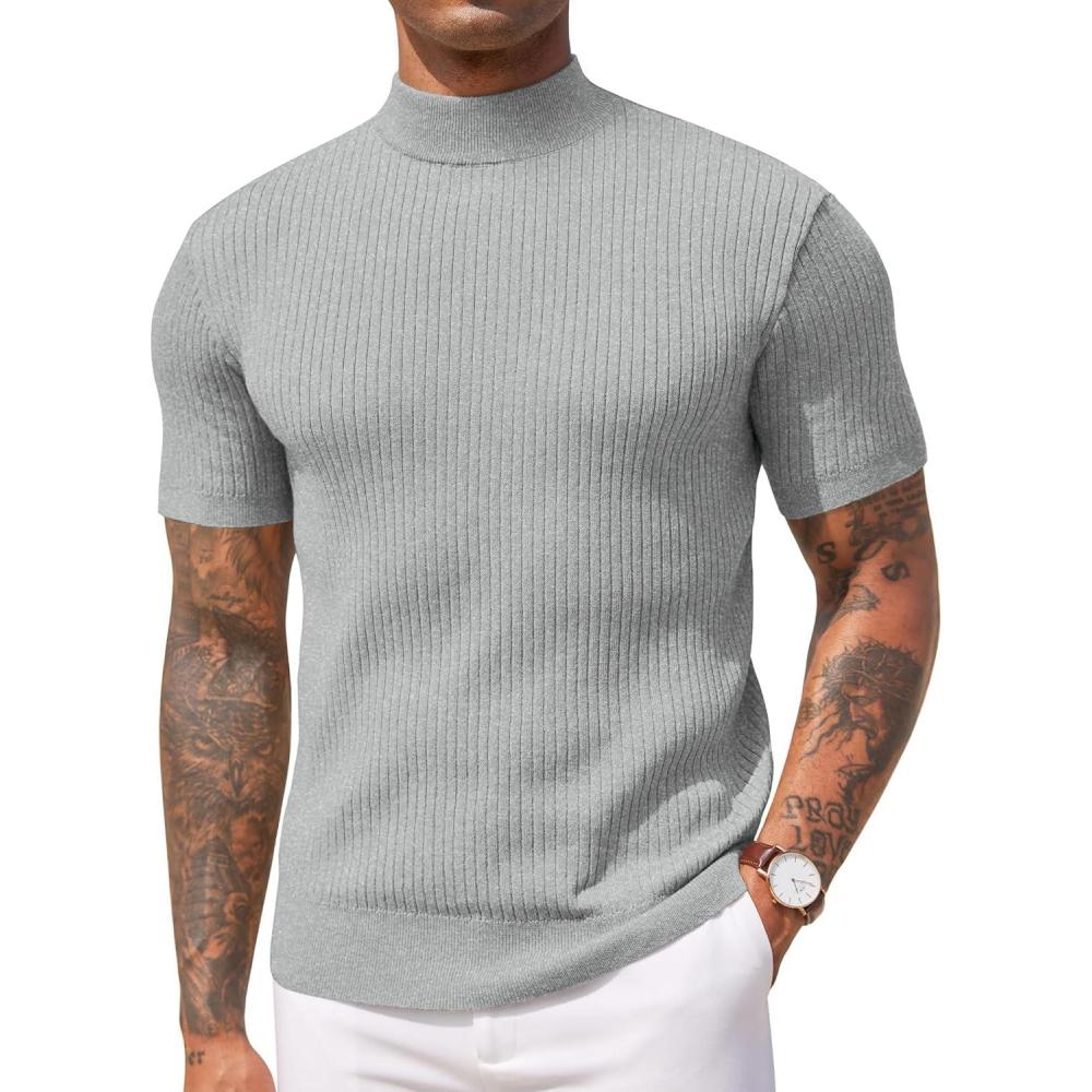 imageCOOFANDY Mens Mock Turtleneck Sweater Short Sleeve Casual Basic Tops Ribbed Knit Pullover Solid TeeLight Grey