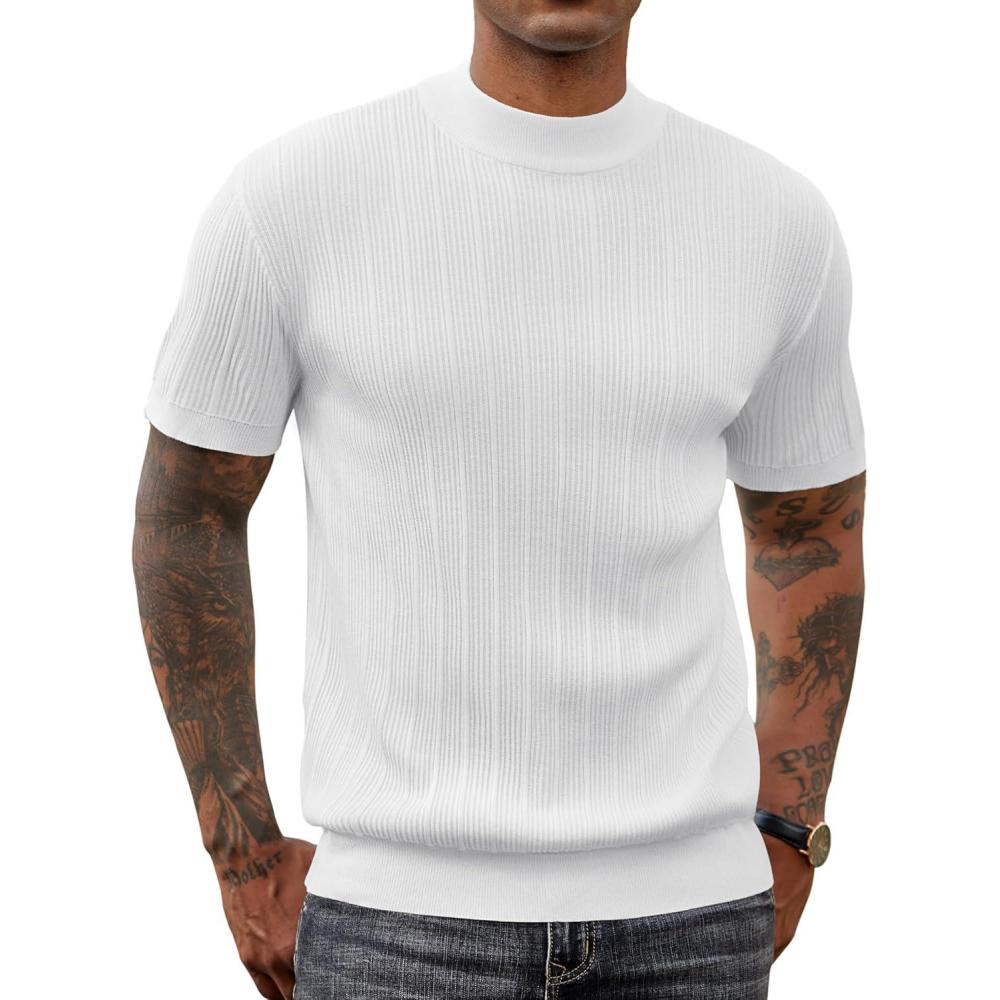 imageCOOFANDY Mens Mock Turtleneck Sweater Short Sleeve Casual Basic Tops Ribbed Knit Pullover Solid TeePat5 White Striped