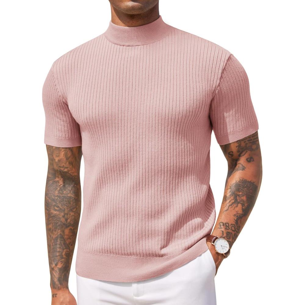 imageCOOFANDY Mens Mock Turtleneck Sweater Short Sleeve Casual Basic Tops Ribbed Knit Pullover Solid TeePink