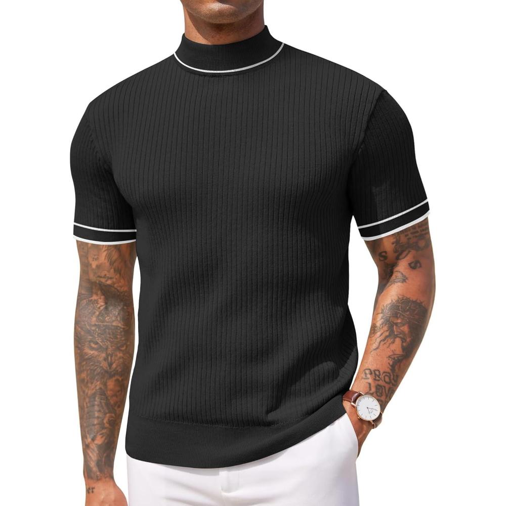 imageCOOFANDY Mens Mock Turtleneck Sweater Short Sleeve Casual Basic Tops Ribbed Knit Pullover Solid TeeStriped Black