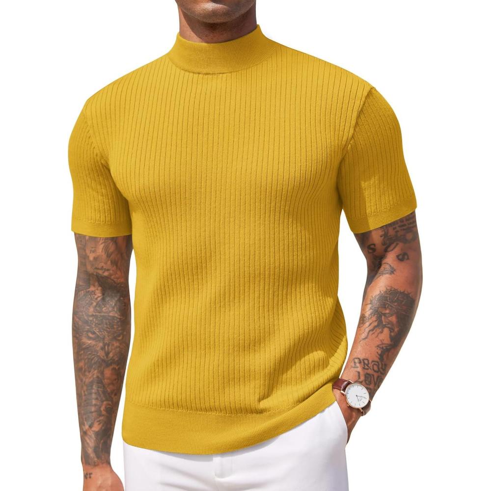 imageCOOFANDY Mens Mock Turtleneck Sweater Short Sleeve Casual Basic Tops Ribbed Knit Pullover Solid TeeYellow