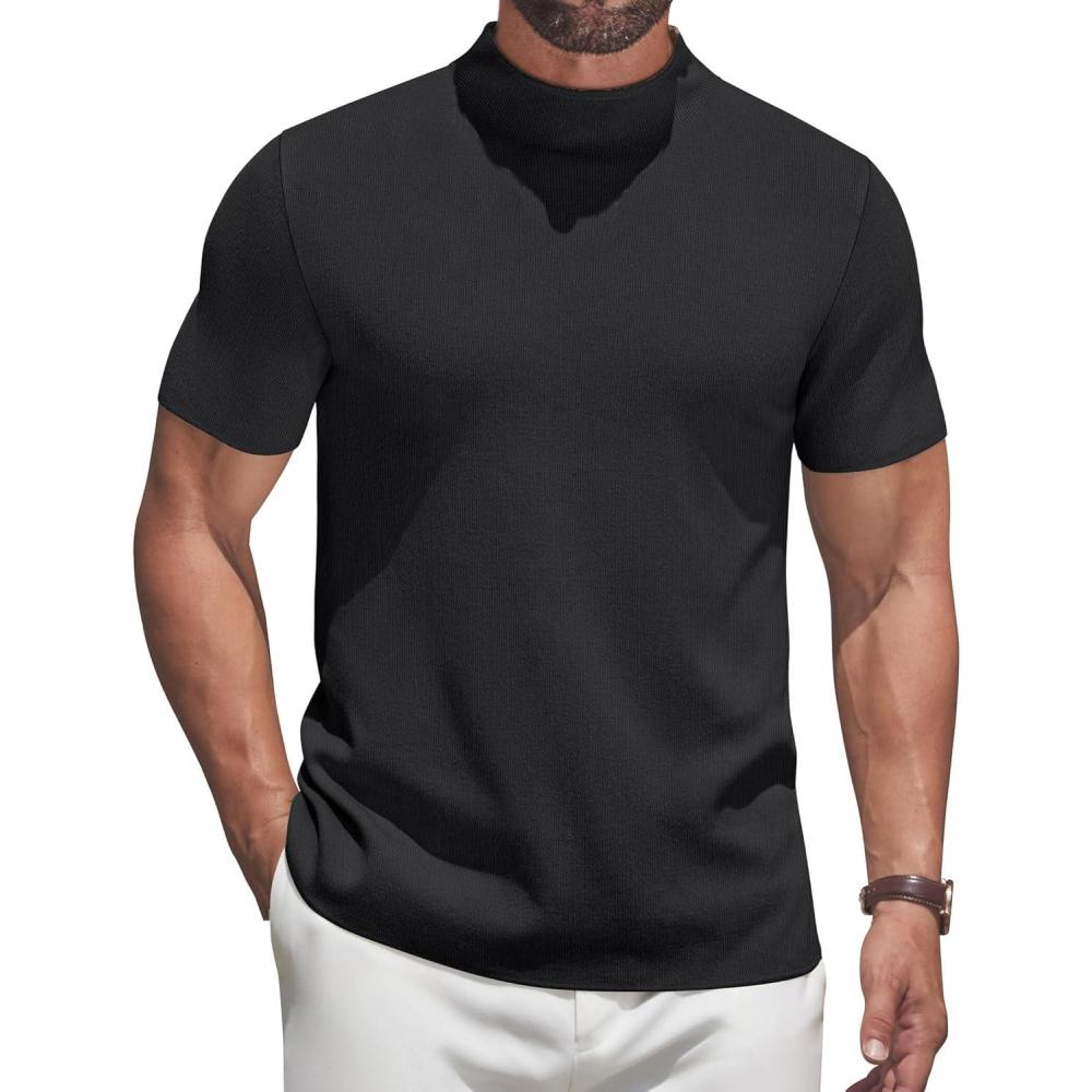 imageCOOFANDY Mens Mock Turtleneck Sweater Short Sleeve Casual Knitted TShirts Thermal Tops Solid Basic TeeBlack