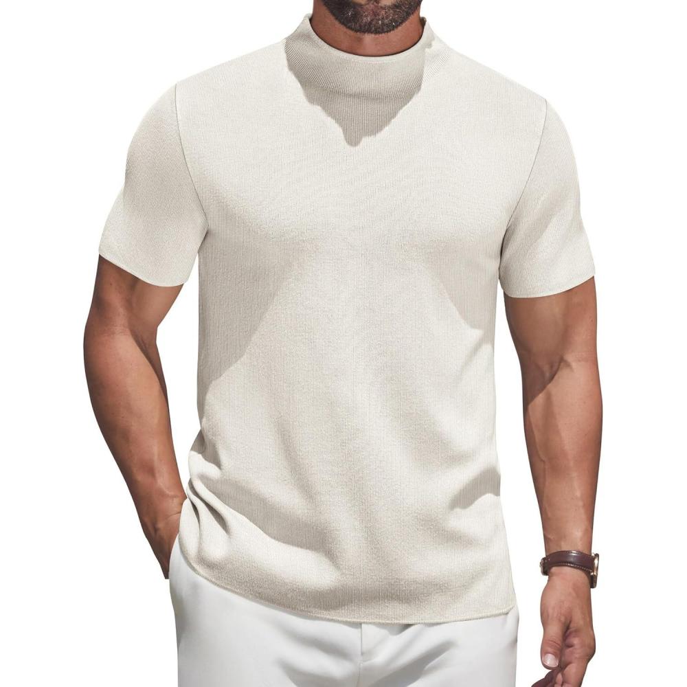 imageCOOFANDY Mens Mock Turtleneck Sweater Short Sleeve Casual Knitted TShirts Thermal Tops Solid Basic TeeCream White