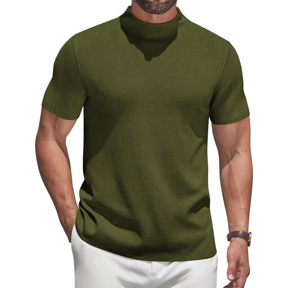 imageCOOFANDY Mens Mock Turtleneck Sweater Short Sleeve Casual Knitted TShirts Thermal Tops Solid Basic TeeDark Green